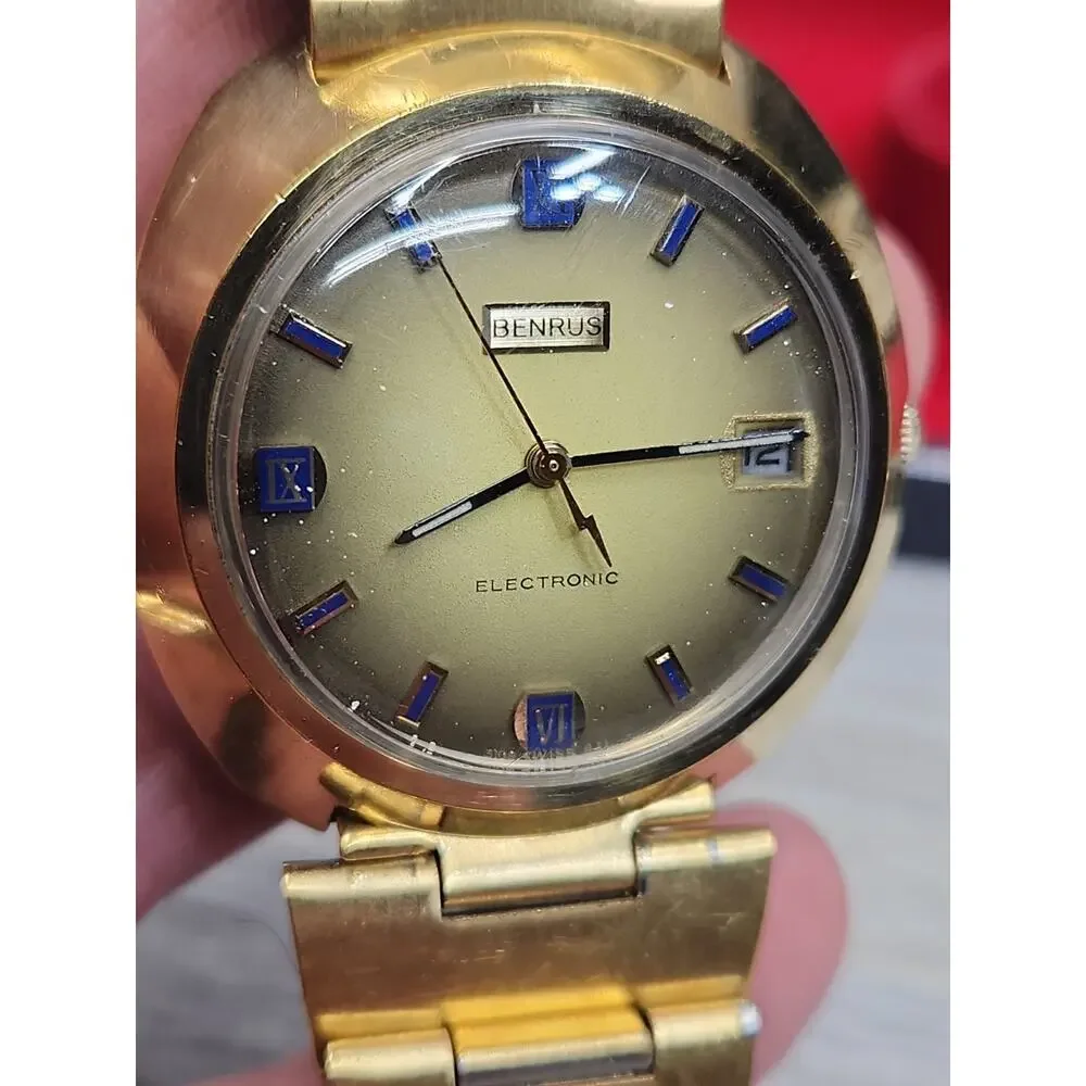 Vintage BENRUS Electronic Technipower Gold Tone Mens Watch, Box And Papers